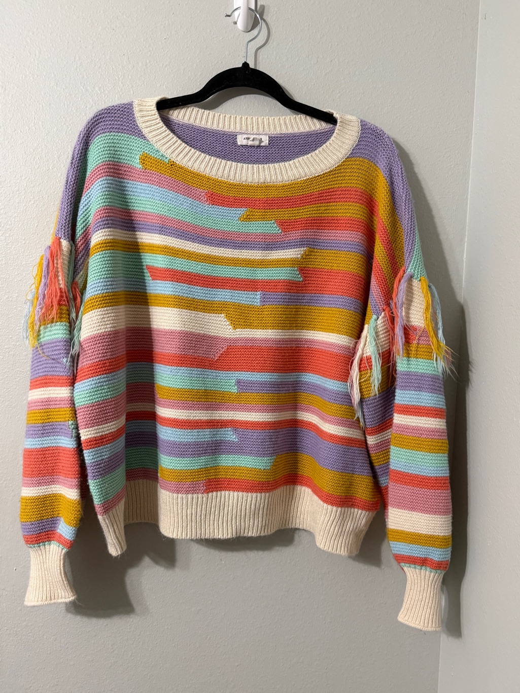 Soft Colorful Striped Fringe Crewneck Cozy Sweater Size L